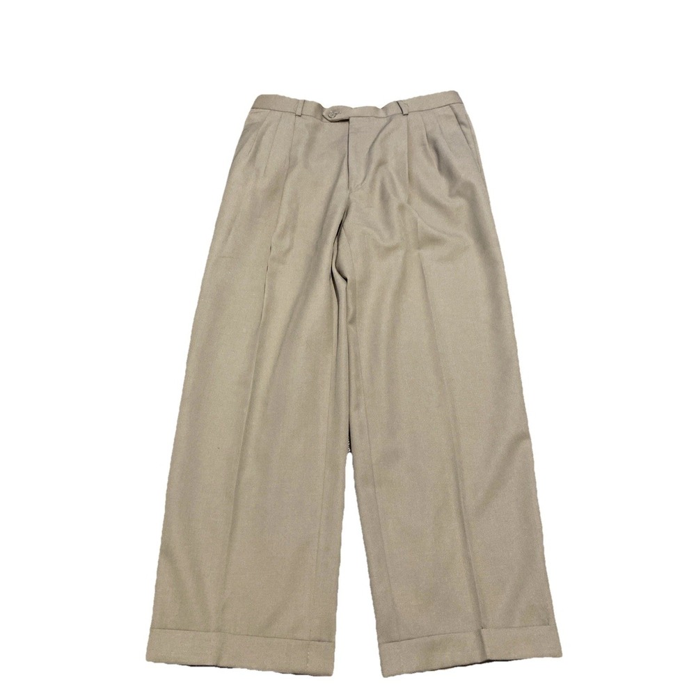 Vintage Pronto Uomo Tan Pleated Dress Pants Men's 35X26 100%Wool Cuffed Trousers